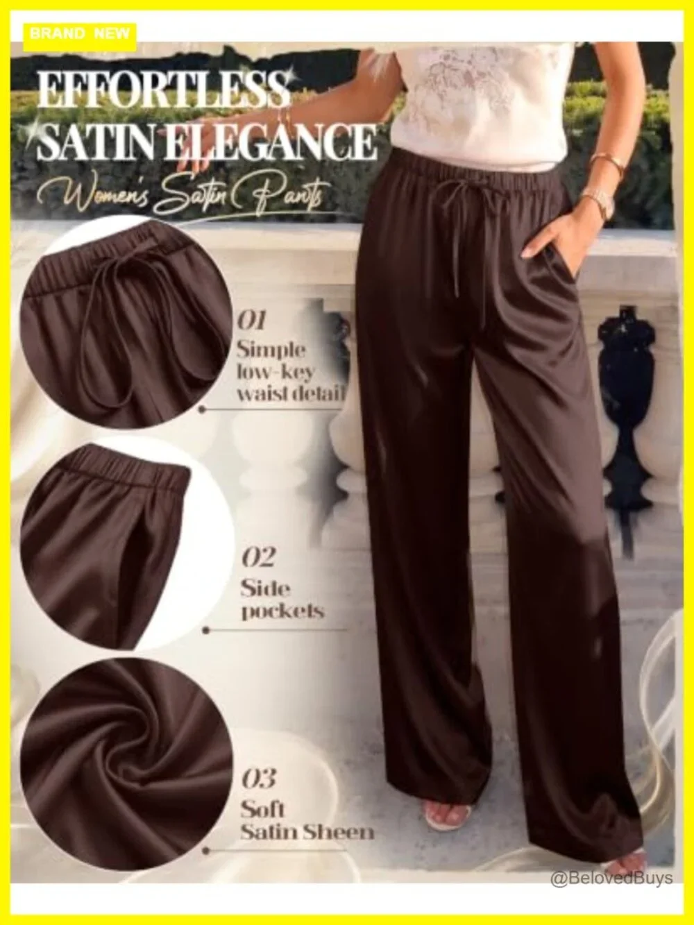 Satin Wide Leg Pants with Pockets Elastic Waist Drawstring Flowy Trousers